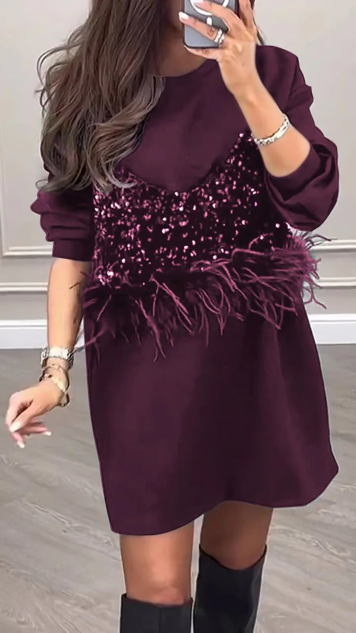 Women's Nan Sweat Mini Dress with Sequin Bustier and Feather Trim StylebySassy