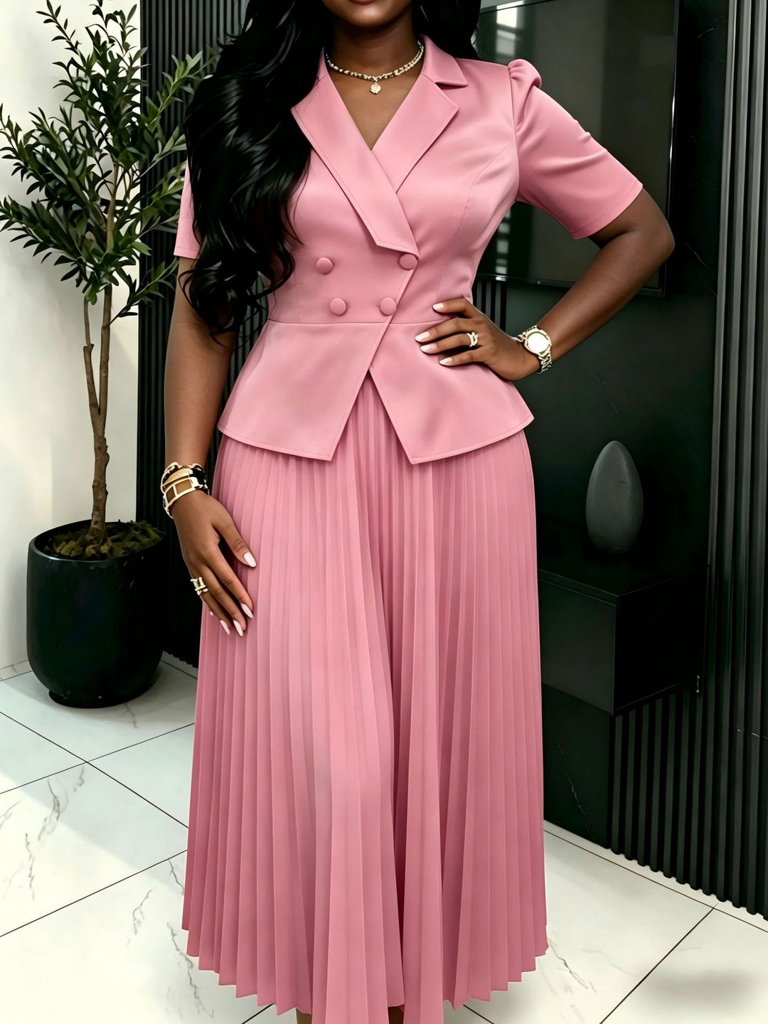 Ladies Pleated Dress with Elegant Blazer StylebySassy