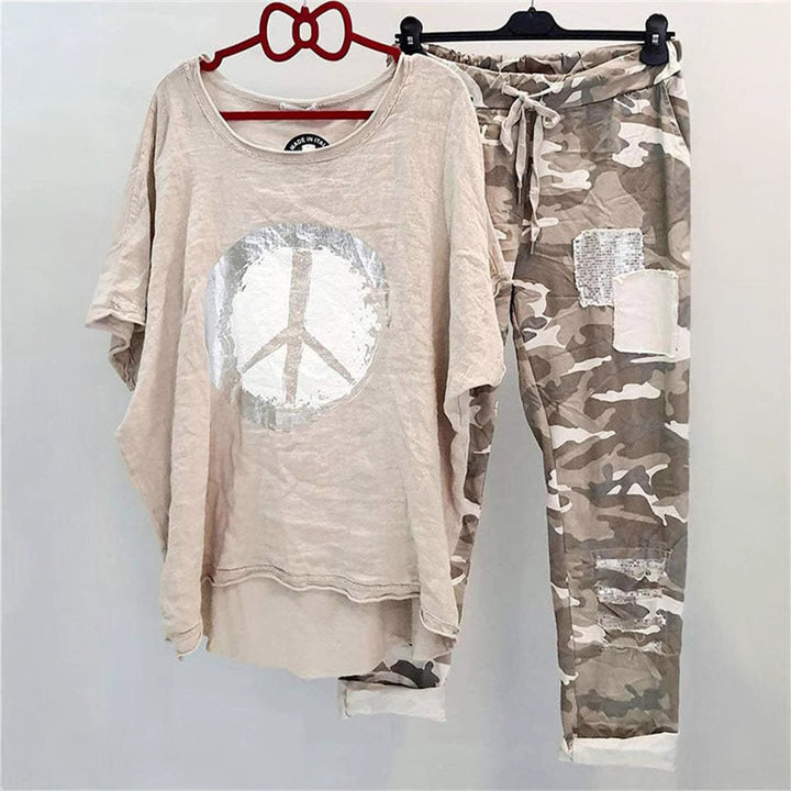 Women’s casual leisure two-piece with wide-cut linen look shirt, peace symbol and camouflage jog pants with patch details StylebySassy