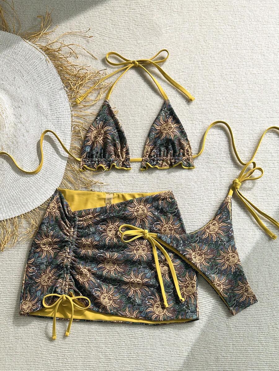 Women's triangle bikini set with ruffle-free details and wrap skirt StylebySassy