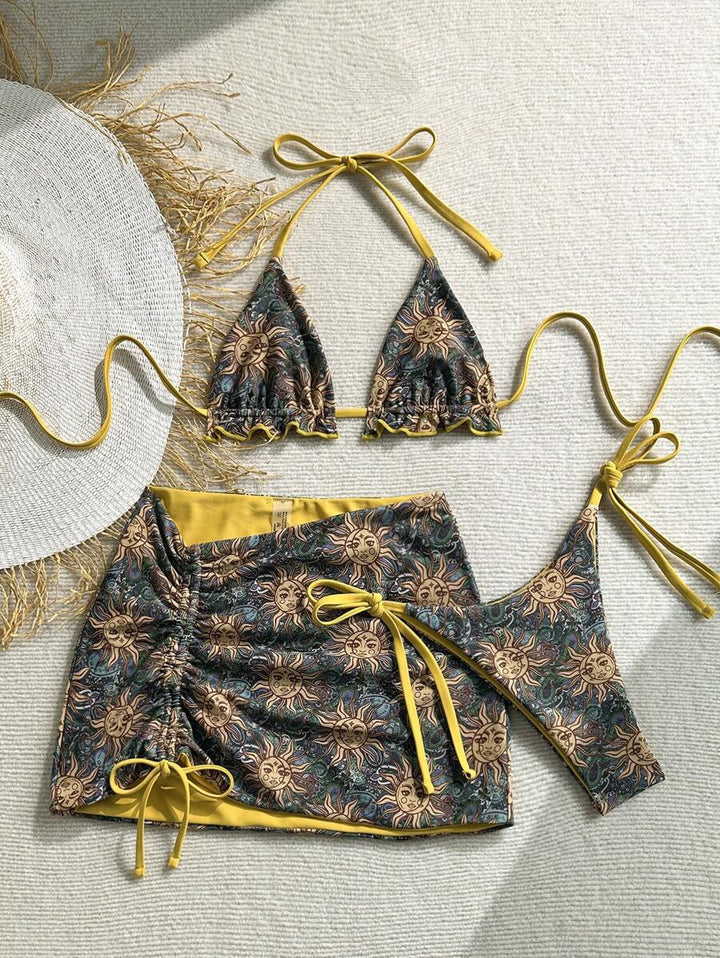 Women's triangle bikini set with ruffle-free details and wrap skirt StylebySassy