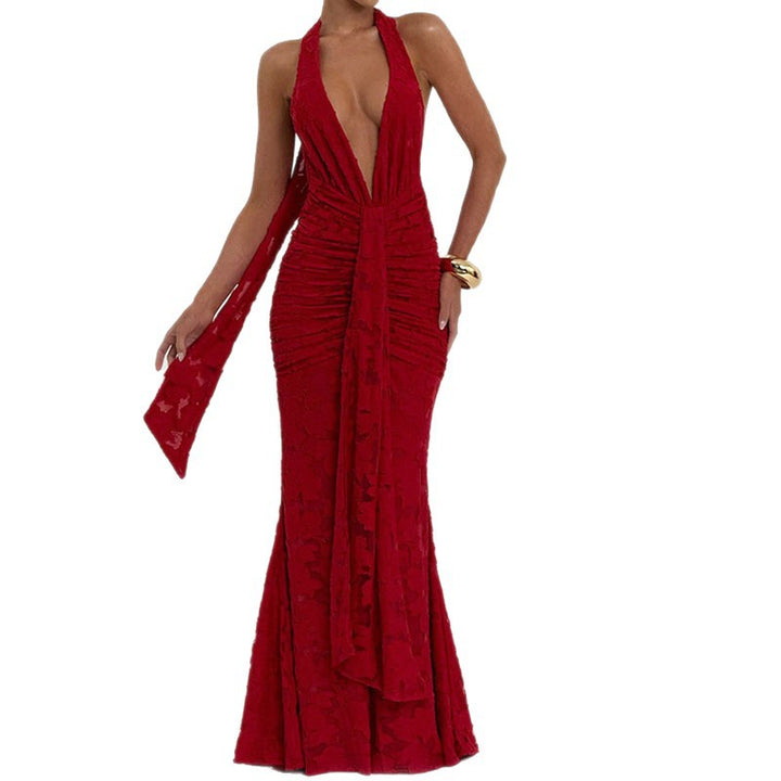 Women Elegant, figure-hugging evening dress with deep V-neck and ruffle details StylebySassy
