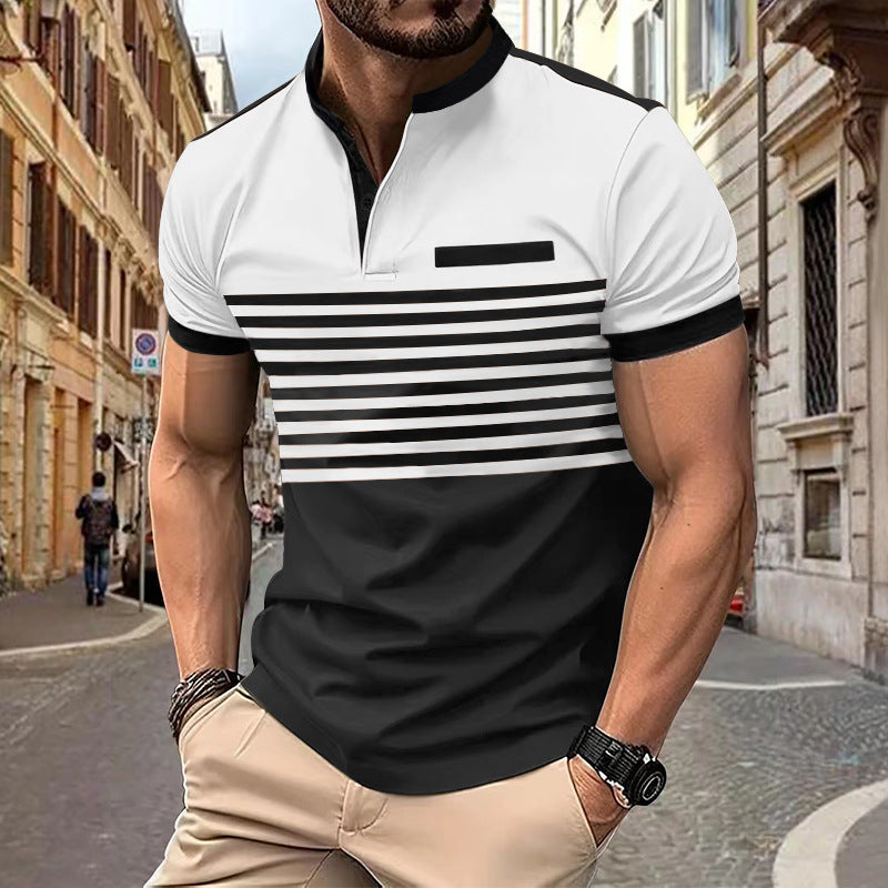 Men's short-sleeved Henley top with short button placket, chest piping, and block stripes StylebySassy