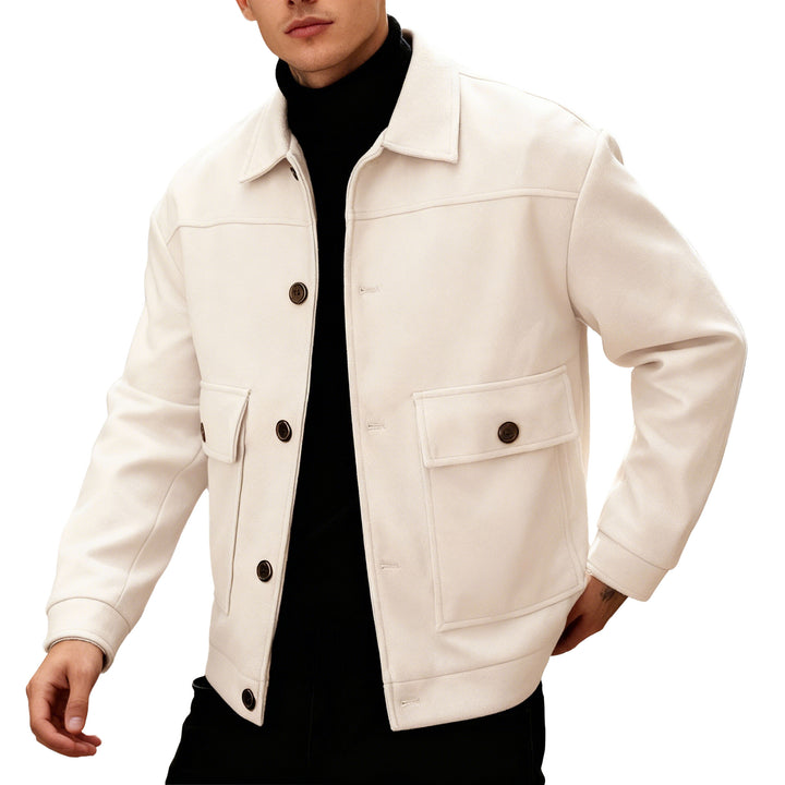 Men's short wool field jacket with shirt collar, flap pockets, and clear silhouette StylebySassy