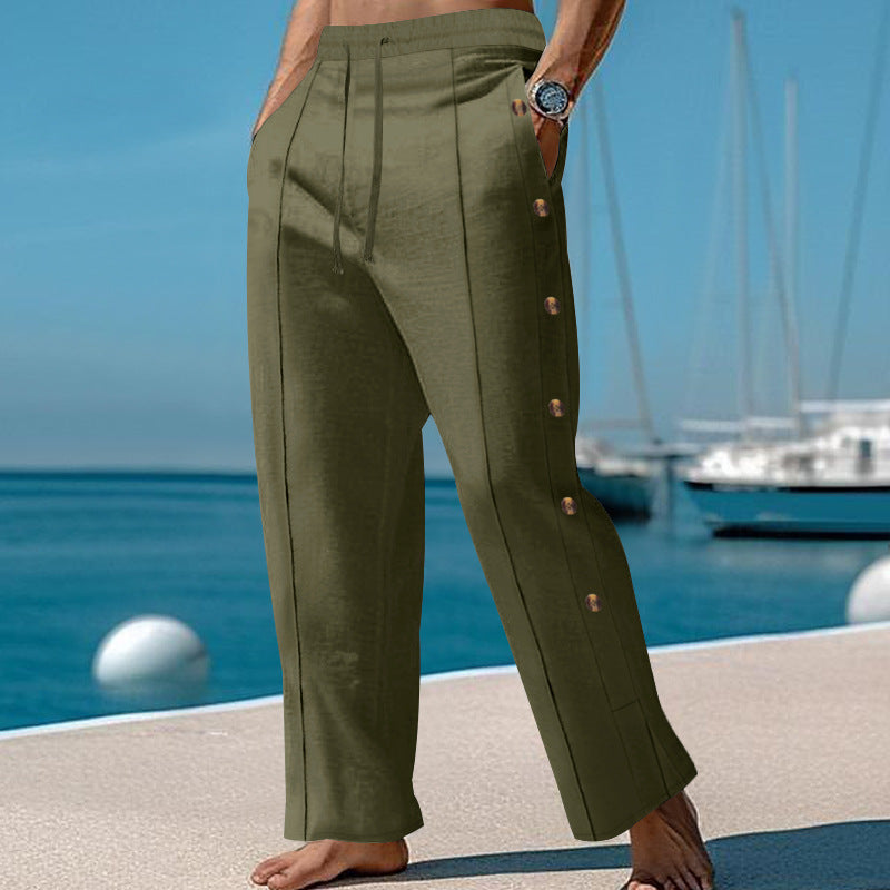 Men's nautical relaxed trousers with wide leg, elastic drawstring waistband and side button placket StylebySassy