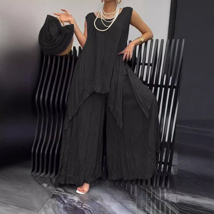 Women two-piece set in airy crinkle look with sleeveless tunic and wide palazzo pants StylebySassy