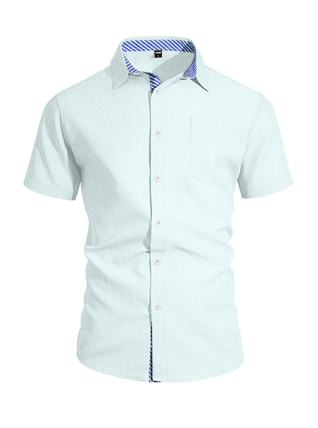 Men's Business Casual Short Sleeve Shirt with Striped Collar Lining and Chest Pocket StylebySassy