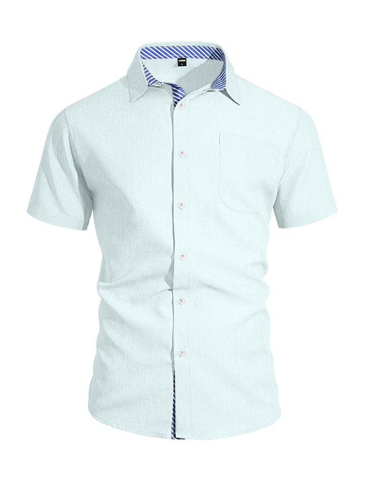 Men's Business Casual Short Sleeve Shirt with Striped Collar Lining and Chest Pocket StylebySassy