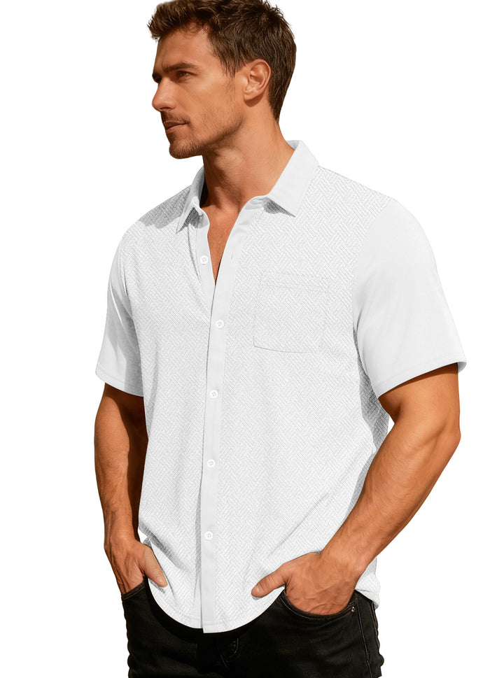 Men's leisure short sleeve shirt with jacquard texture, contrasted button placket and chest pocket StylebySassy