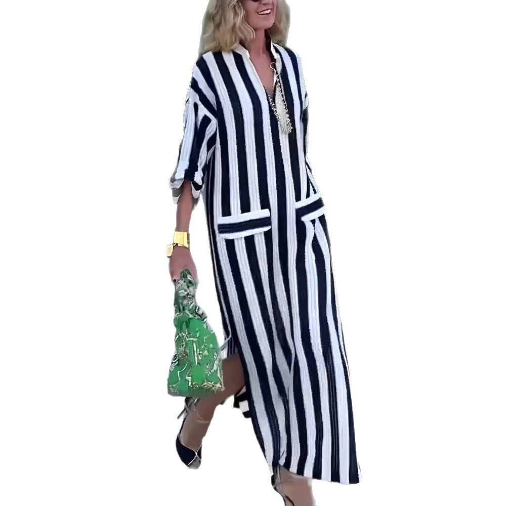 Women casual long shirt dress with vertical stripe pattern, V-neck, patch pockets, and high side slit StylebySassy