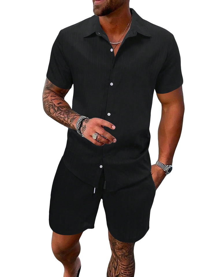 Men's lightweight short-sleeve shirt with open collar and matching casual shorts made of textured cotton blend StylebySassy