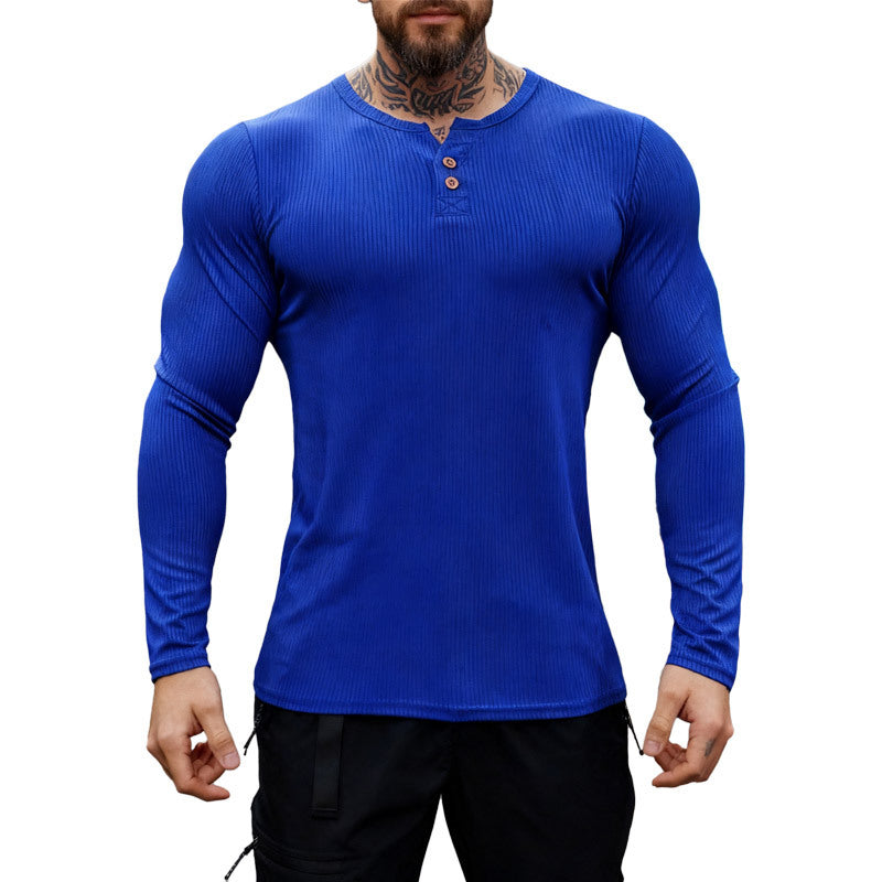 Men's ribbed long-sleeve Henley shirt with flat button placket and fitted stretch fit StylebySassy