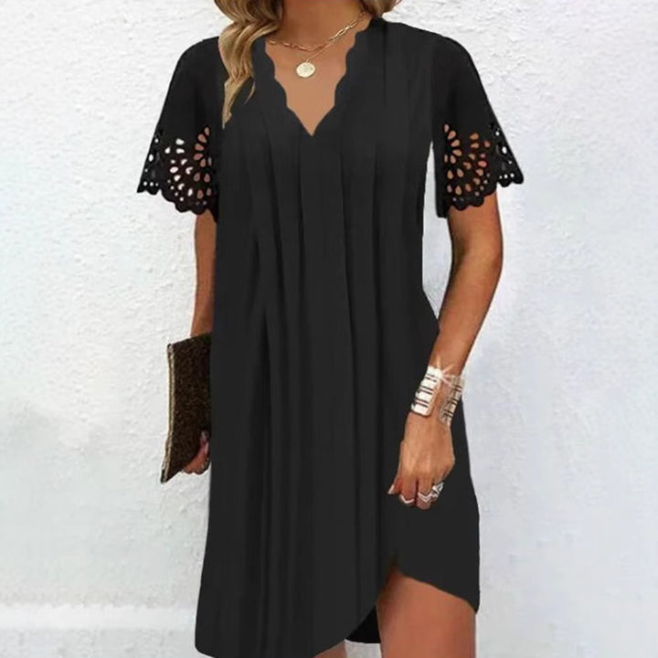 Women's A-line short dress with wavy V-neck, lace embroidery sleeves and asymmetrical hem StylebySassy