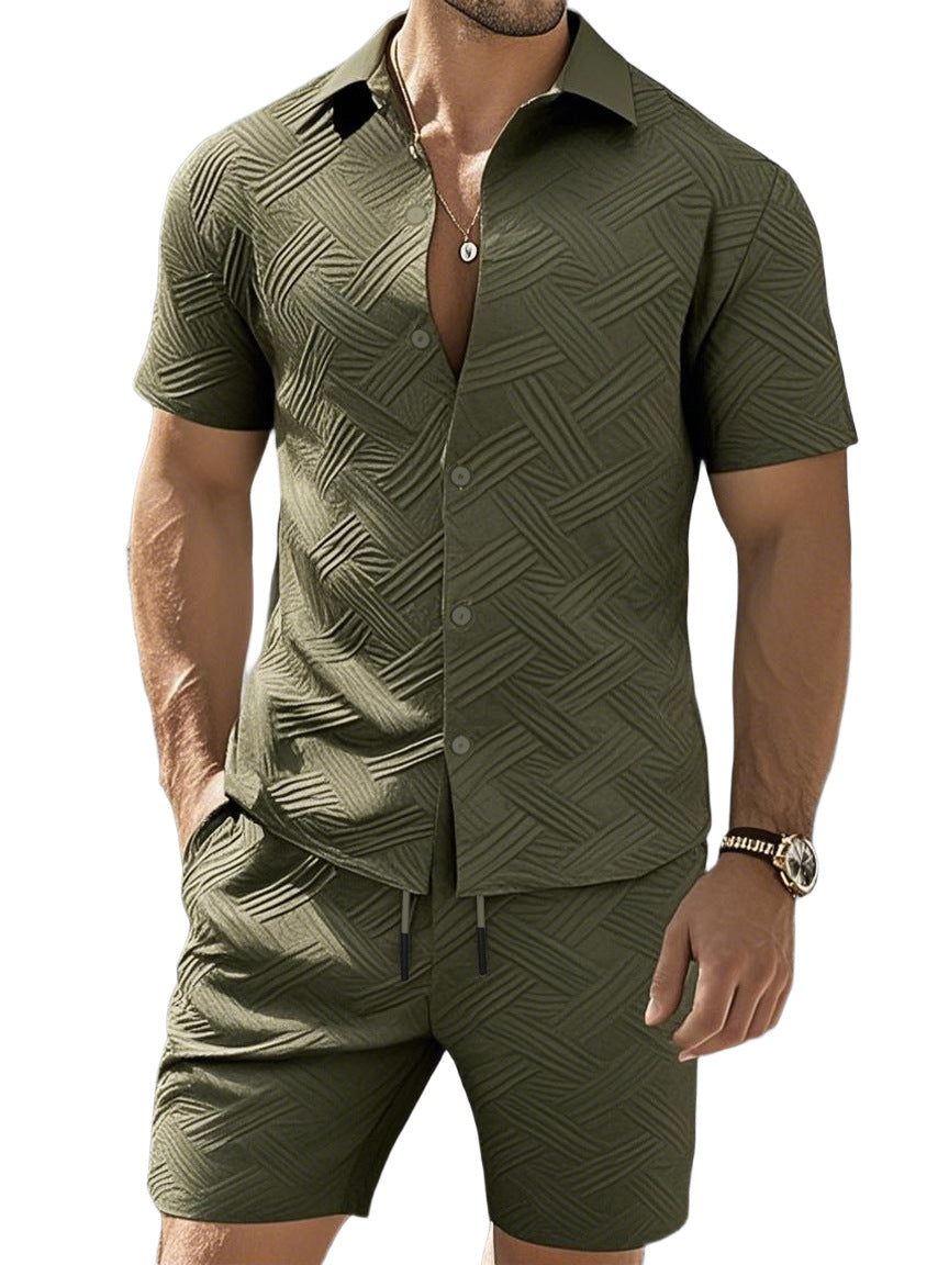 Men's nan geometric embossed short sleeve shirt and Bermuda two-piece set with shirt collar and drawstring StylebySassy