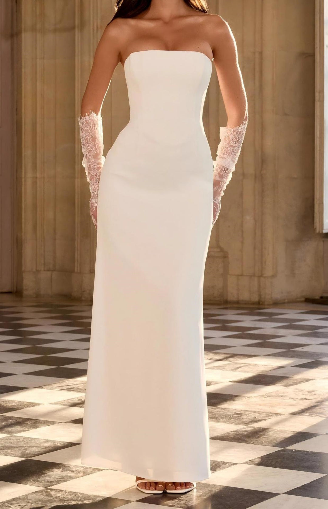 Ladies Elegant Wedding Dress with Off-Shoulder Design and Lace Sleeves StylebySassy