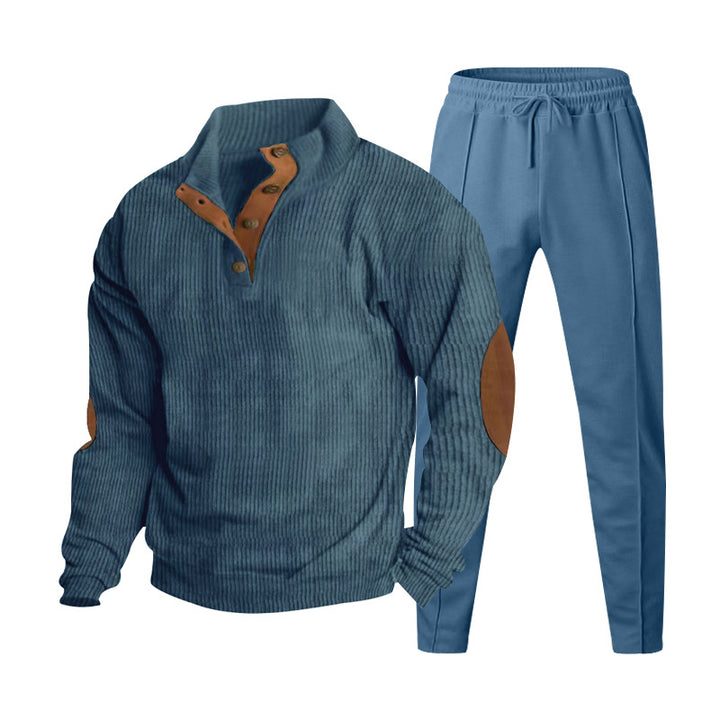 Men's ribbed Henley leisure suit with decorative button placket and suede elbow patches tapered joggers StylebySassy