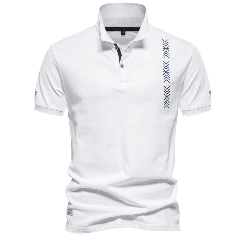 Men's nan casual polo with short button placket, embroidered arrow motif panel, and stand-up collar StylebySassy