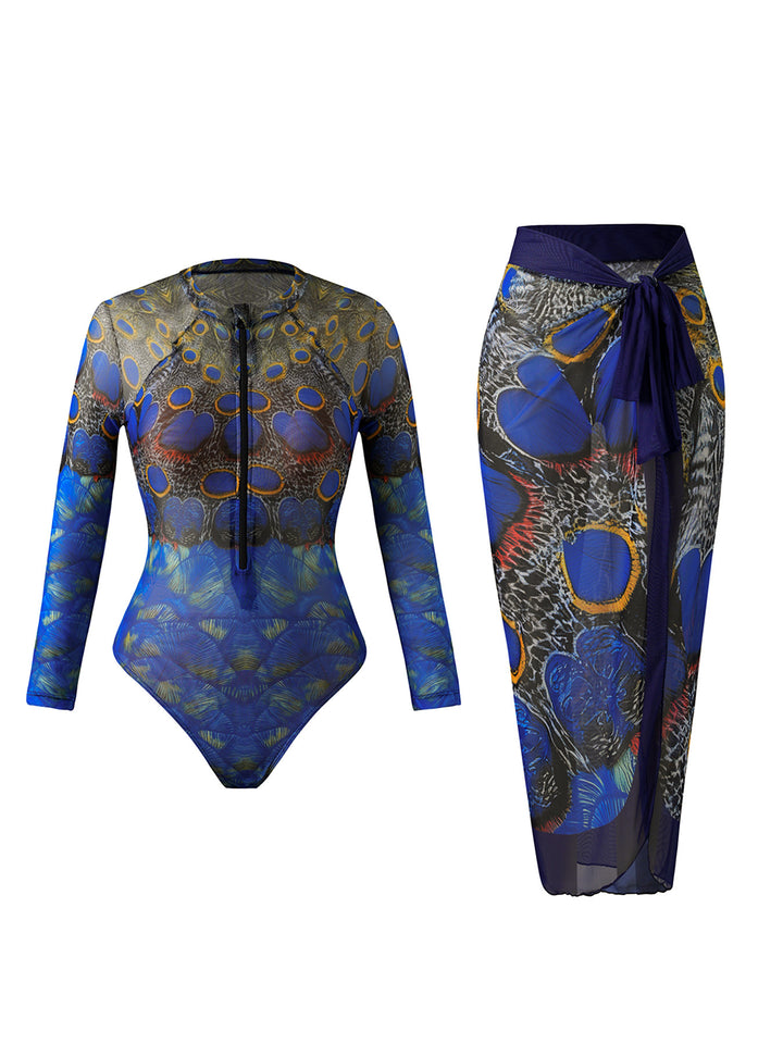 Women Elegant Swimsuit with Long Sleeve and Transparent Wrap Skirt StylebySassy