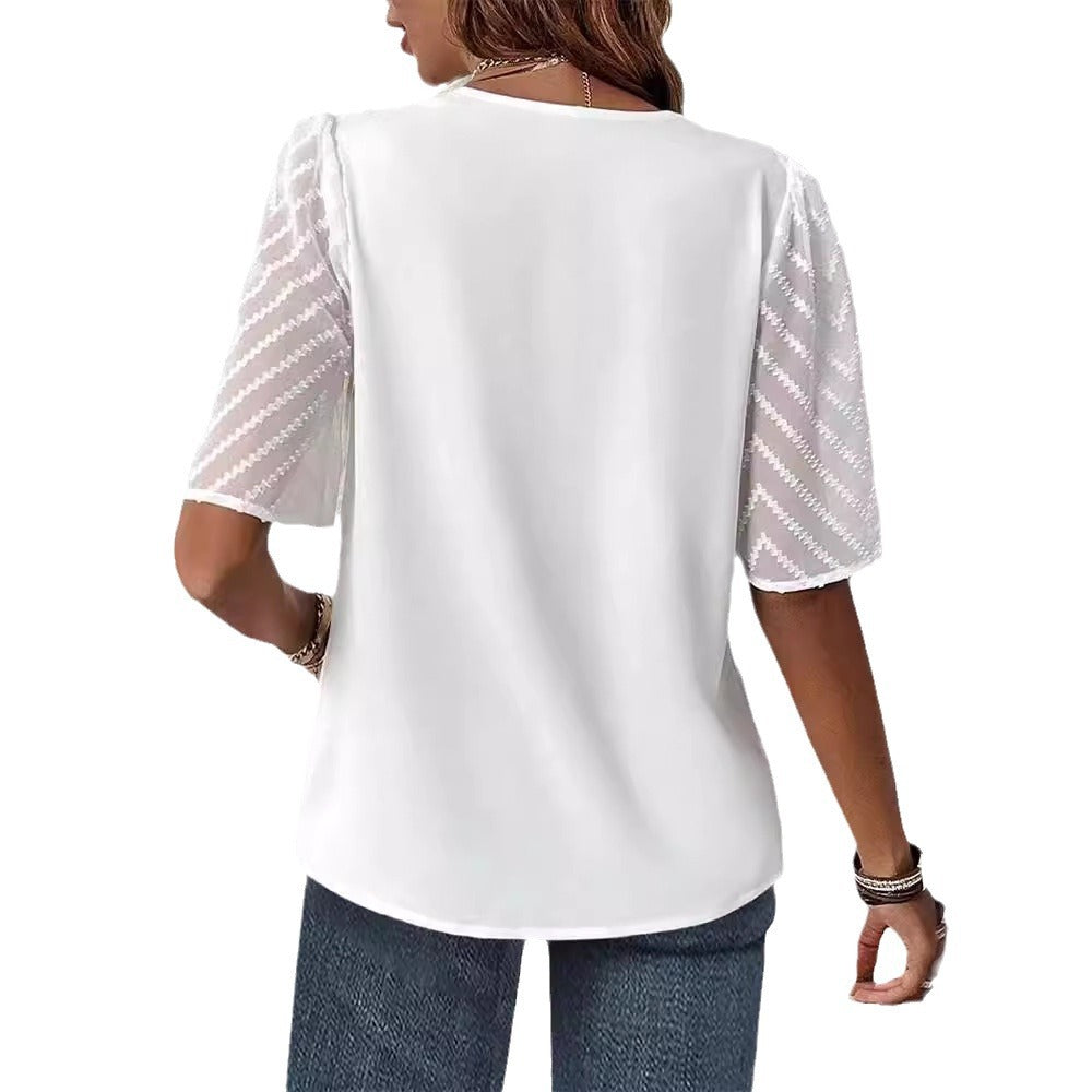 Women’s V-neck blouse with pleated yoke and transparent zigzag sleeves StylebySassy