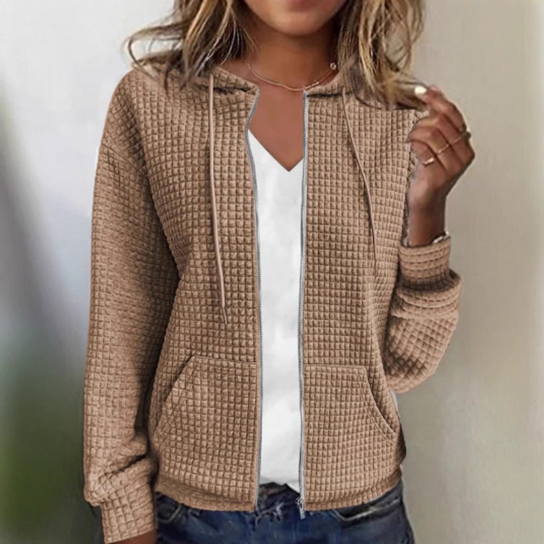 Women's quilted hooded jacket with waffle texture, full zip and kangaroo pockets StylebySassy