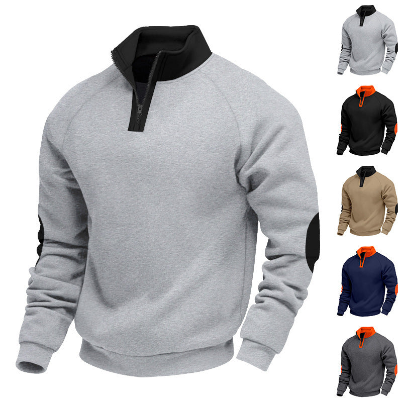 Men's half-zip fleece pullover with stand-up collar raglan sleeves and elbow patches StylebySassy