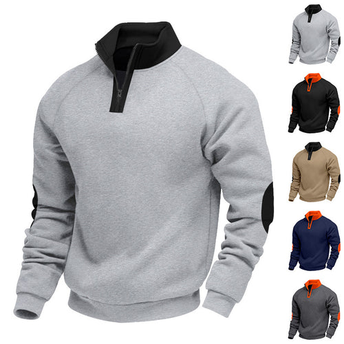 Men's half-zip fleece pullover with stand-up collar raglan sleeves and elbow patches StylebySassy