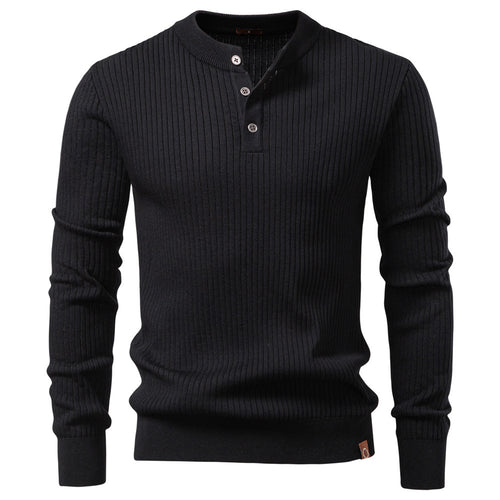 Men's ribbed long-sleeve henley pullover with stand-up collar, fine rib knit and slim fit StylebySassy