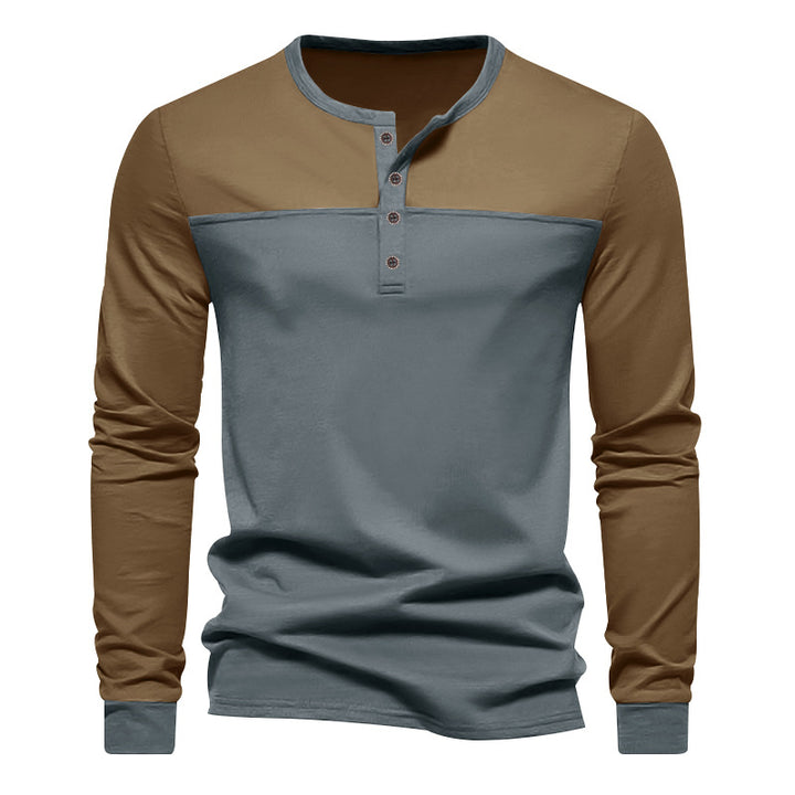 Men's long-sleeved Henley shirt with contrasting yoke, short button placket, and ribbed cuffs StylebySassy