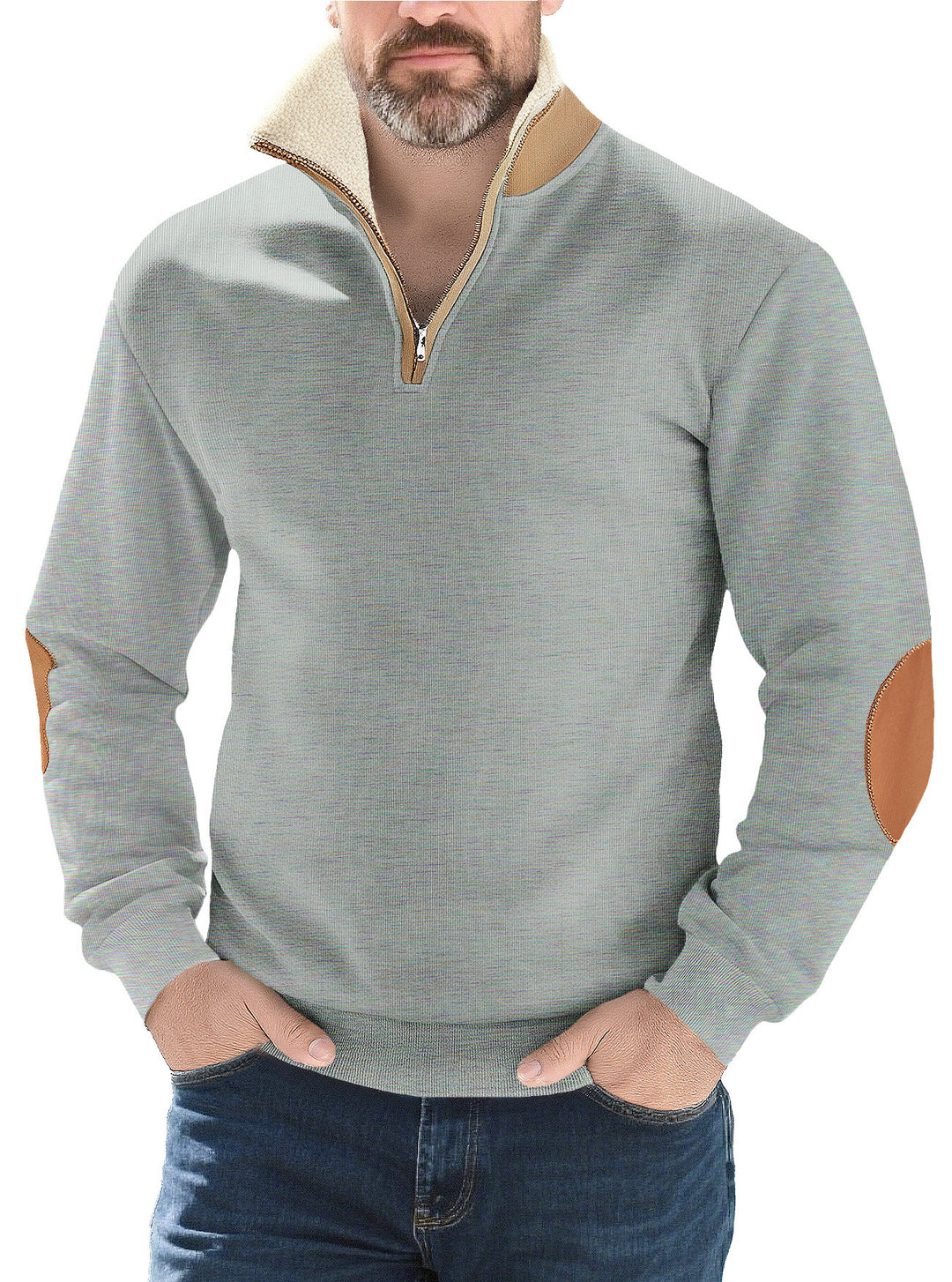 Men's structured knit half-zip pullover with warming sherpa collar and velour elbow patches StylebySassy