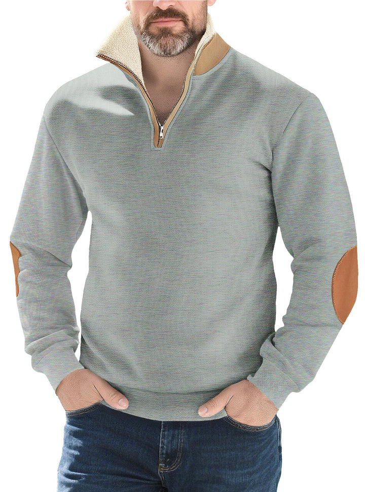 Men's structured knit half-zip pullover with warming sherpa collar and velour elbow patches StylebySassy