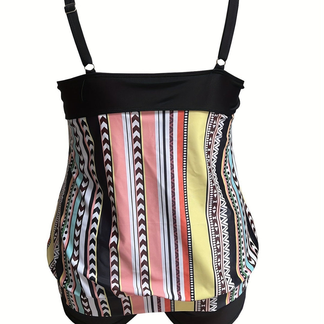 Women's tankini set with playful pattern mix and practical shorts StylebySassy