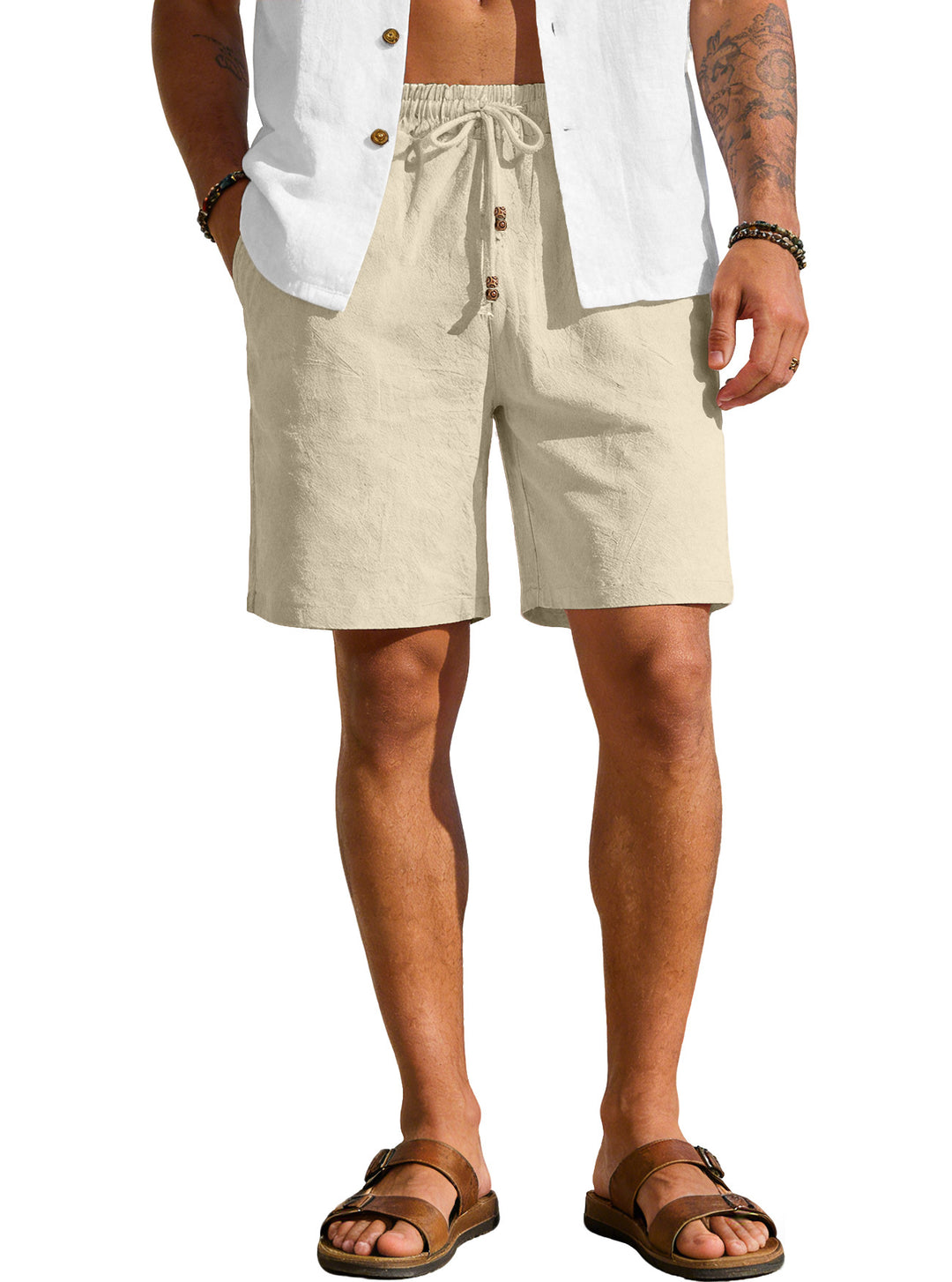Men's lightweight beach Bermuda shorts made of linen blend with elastic waistband, drawstring and decorative button placket StylebySassy