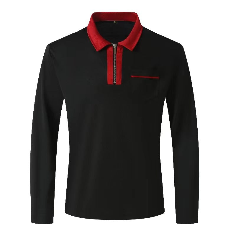 Men's elegant long-sleeve polo shirt with distinctive stand-up collar metal short zip and chest pocket StylebySassy