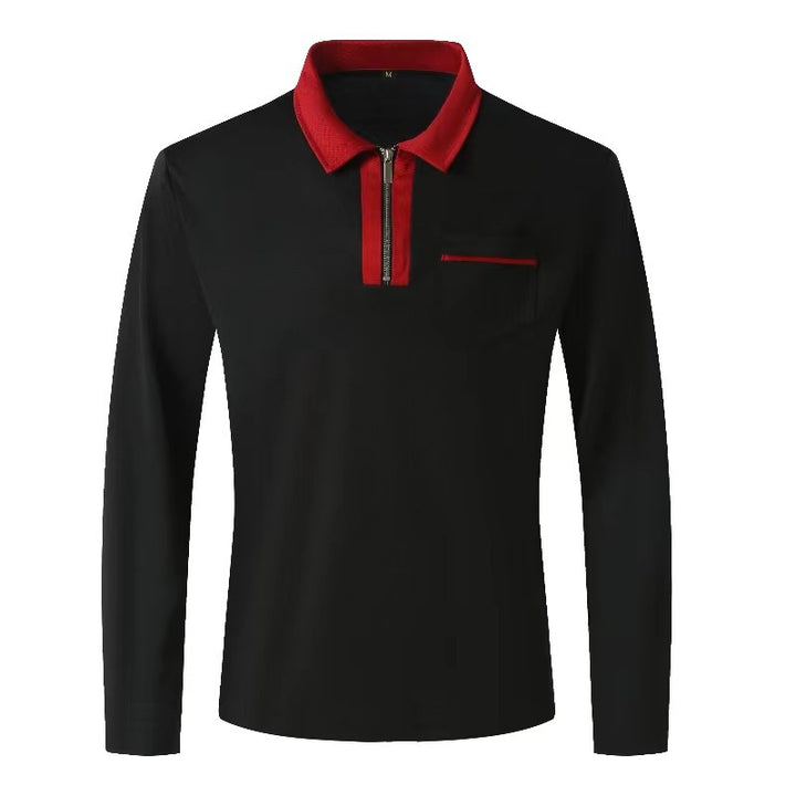 Men's elegant long-sleeve polo shirt with distinctive stand-up collar metal short zip and chest pocket StylebySassy