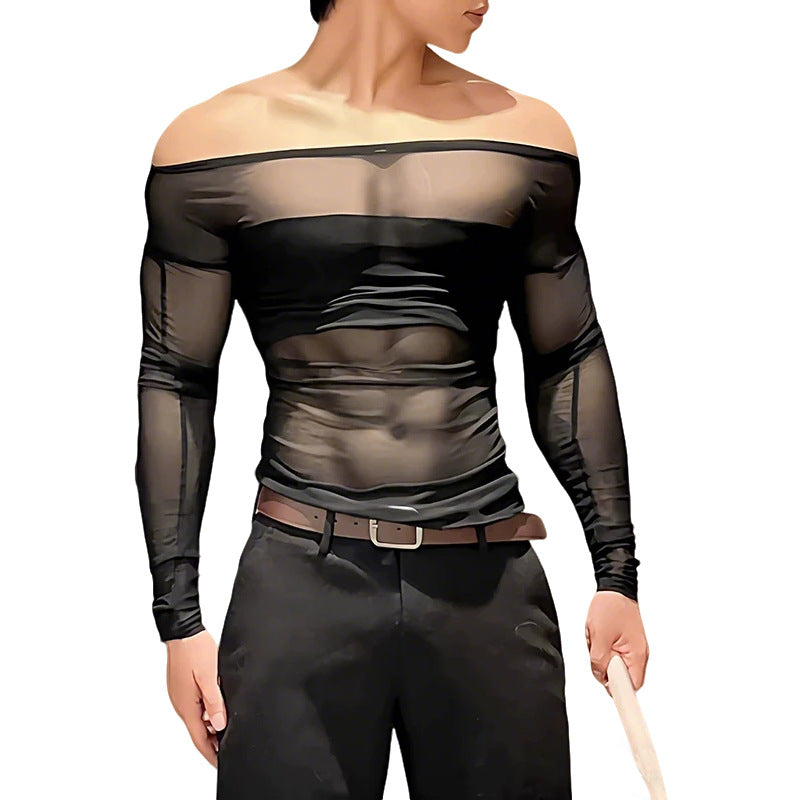 Ladies' sheer mesh long sleeve top with opaque chest band and wide round neckline StylebySassy