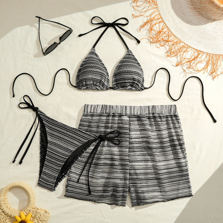 Women's Triangle Bikini with Ruffle Details and Casual Shorts StylebySassy