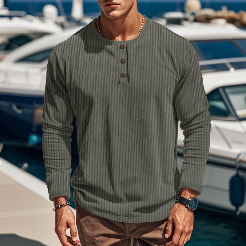 Men's knitted long sleeve henley pullover with short stand-up collar and decorative button placket StylebySassy