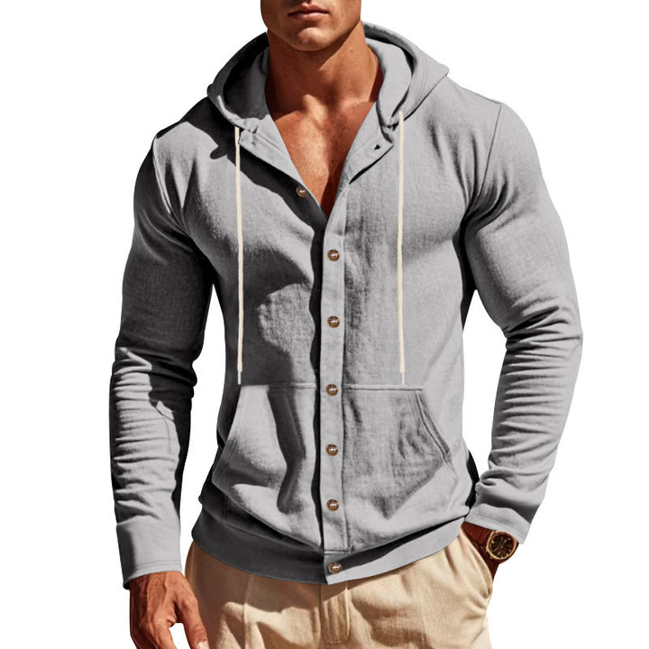 Men's lightweight hoodie cardigan with full button placket, slim fit and kangaroo pocket StylebySassy