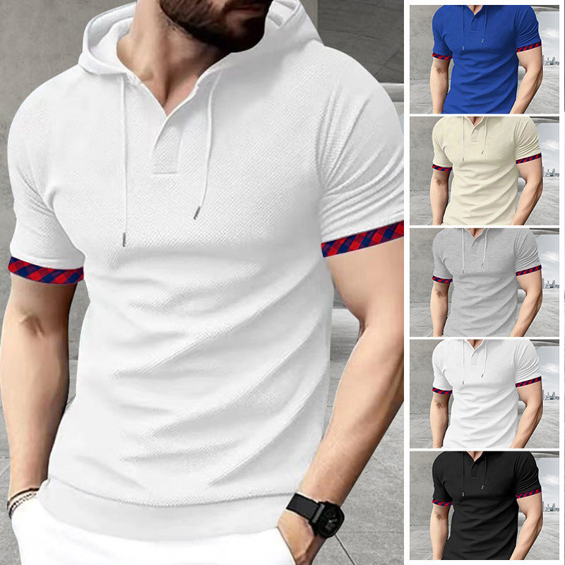 Men's slim fit short sleeve hooded shirt in polo style with Henley neckline and checkered sleeve cuff StylebySassy
