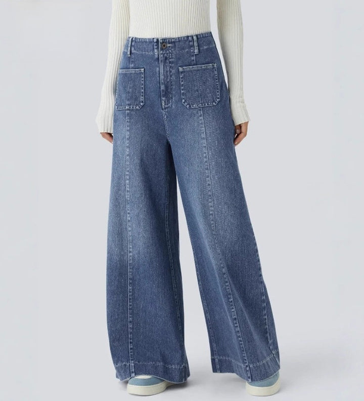 Women's high-waisted wide jeans pants with patch front pockets and vertical decorative seam StylebySassy