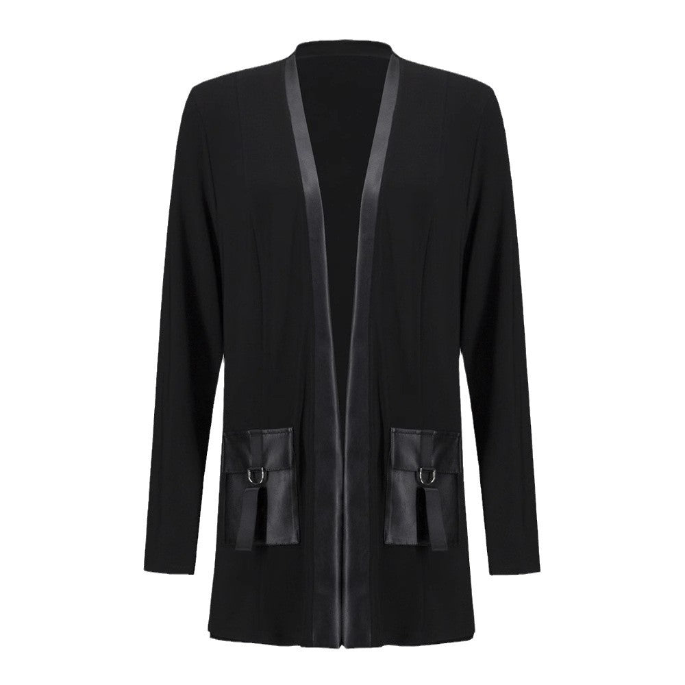 Women’s open jersey cardigan with faux leather trim and D-ring pockets StylebySassy