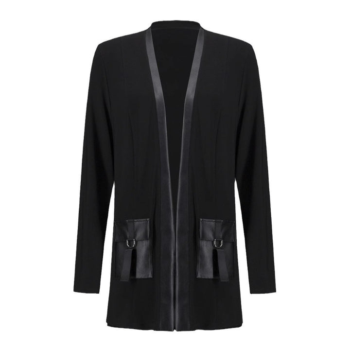 Women’s open jersey cardigan with faux leather trim and D-ring pockets StylebySassy