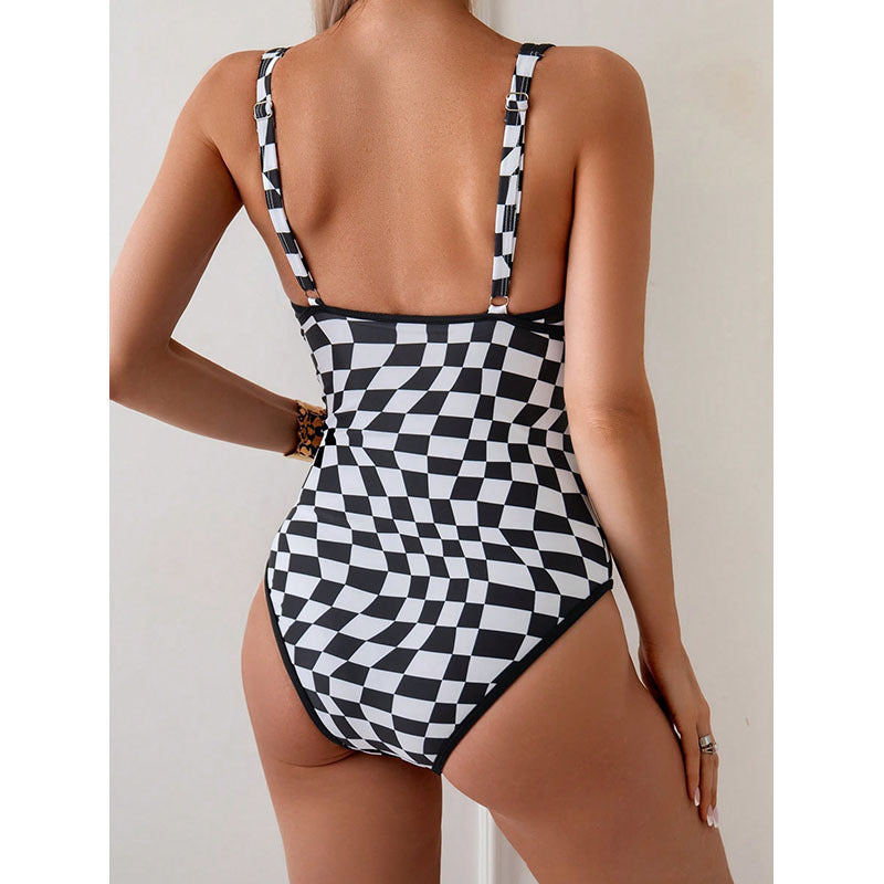 Women's one-piece swimsuit with creative checkered pattern StylebySassy