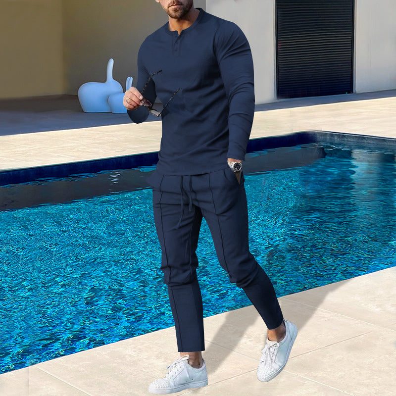 Men's nano athletic Henley long sleeve shirt and tapered jogging pants with decorative seams StylebySassy