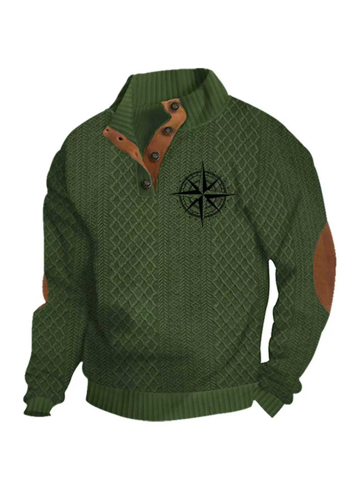 Men's nan Heritage textured pullover with stand-up collar faux leather trim elbow patches and half-button placket StylebySassy