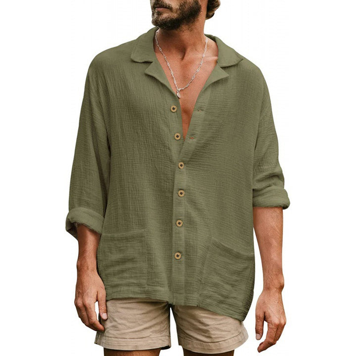 Men's airy cotton gauze shirt with open lapel collar, full button placket, and patch pockets StylebySassy
