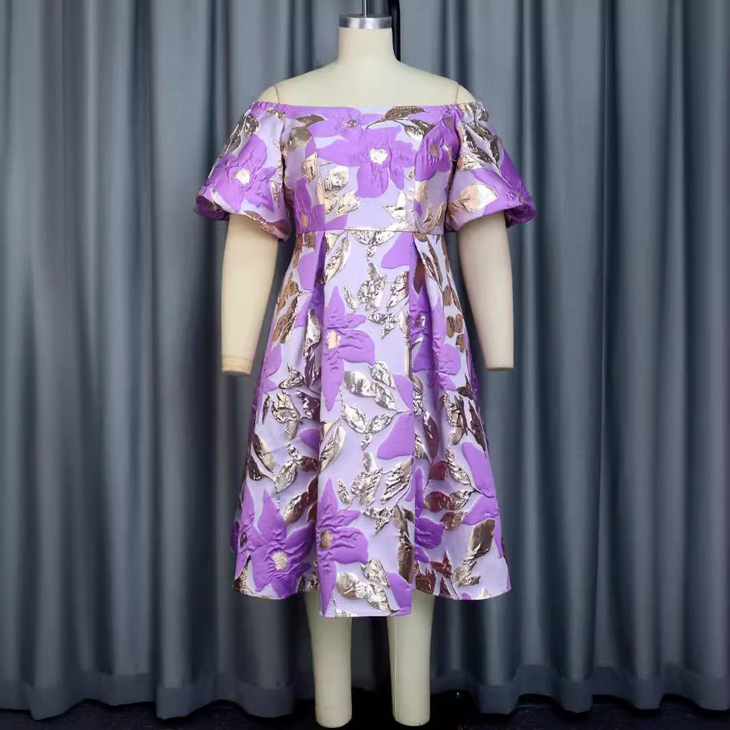Ladies Off-Shoulder Dress with Floral Embossed Details StylebySassy
