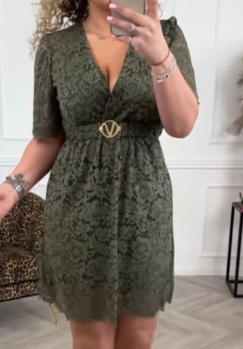 Women's knee-length lace dress with V-neck, shaped bustier and decorative waist belt StylebySassy