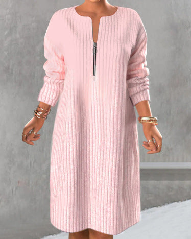 Women’s knitted ribbed tunic dress with half zip and casual A-line StylebySassy