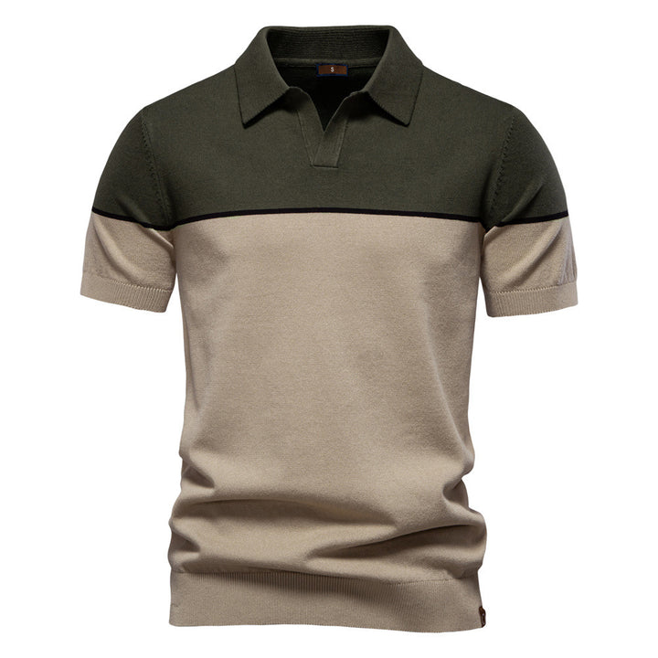 Men's modern short sleeve polo shirt made of fine knit with open lapel collar and horizontal contrast yoke StylebySassy